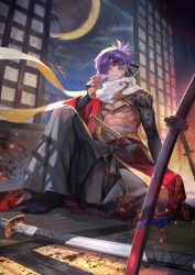 1boy arm_support black_hakama black_headband black_ribbon black_sash black_socks closed_mouth cup fate/grand_order fate_(series) frown full_body hadanugi_dousa hair_over_one_eye hair_ribbon hakama hakama_pants headband holding holding_cup igote japanese_clothes katana kimono knee_up lack long_hair looking_to_the_side male_focus midriff_sarashi no_shirt official_art okada_izou_(fate) okada_izou_(third_ascension)_(fate) one_eye_covered open_kimono orange_eyes pants planted planted_sword planted_weapon ponytail purple_hair red_kimono ribbon sakazuki sarashi sash scarf sheath sheathed shouji sitting sliding_doors socks solo splatter sword tabi tatami third-party_source variant_set weapon white_scarf