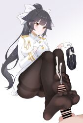 1boy 1girl absurdres azur_lane bar_censor black_hair black_panties black_pantyhose bow breasts brown_eyes censored closed_mouth commission cum cum_in_footwear ejaculation epaulettes erection feet foot_focus footjob footjob_with_legwear foreshortening full_body gloves gold_trim gradient_background grey_background hair_bow highres holding holding_shoes holding_unworn_clothes impossible_clothes impossible_jacket jacket knees_up large_breasts legs long_hair military_uniform miniskirt no_shoes out_of_frame panties pantyhose penis pixiv_commission pleated_skirt ponytail projectile_cum shoes sidelocks skirt soles solo_focus takao_(azur_lane) thighband_pantyhose thighs toe_seam toenails toes two-footed_footjob underwear unworn_shoes very_long_hair white_bow white_gloves white_jacket white_skirt wl217_(nicexa111)