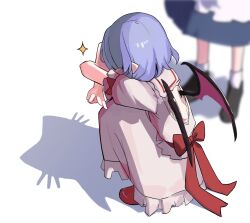 2girls apron back_bow bat_wings blue_hair bow cat cat_shadow_puppet_(meme) commentary_request highres izayoi_sakuya meme multiple_girls pink_shirt pink_skirt puffy_short_sleeves puffy_sleeves red_bow red_shoes remilia_scarlet ririo_(mitsumatario) shadow shirt shoes short_hair short_sleeves sitting skirt skirt_set solo solo_focus sparkle touhou white_background wings