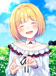 1boy 1girl :d ^_^ androgynous artist_name black_ribbon blonde_hair blue_sky blush bob_cut bush character_request check_character closed_eyes cloud collarbone commentary_request day detached_collar flower frilled_shirt frilled_sleeves frills fuji_fujino hands_up heart heart_hands long_sleeves male_focus nijisanji off-shoulder_shirt off_shoulder open_mouth outdoors ribbon shirt short_hair signature sky smile solo_focus suzuya_aki suzuya_aki_(1st_costume) trap tsukino_mito tsukino_mito_(1st_costume) upper_body virtual_youtuber white_flower white_shirt