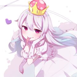 1girl asymmetrical_gloves blue_hair blush breasts cleavage cleavage_cutout closed_mouth clothing_cutout commentary_request crown dress frilled_dress frills gloves grey_hair hair_between_eyes hand_up heart large_breasts long_hair long_tongue looking_at_viewer luigi&#039;s_mansion mario_(series) mini_crown mismatched_gloves new_super_mario_bros._u_deluxe nintendo princess_king_boo puffy_short_sleeves puffy_sleeves purple_eyes purple_gloves roin short_sleeves solo super_crown sweat tongue very_long_hair white_background white_dress white_gloves