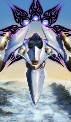 above_clouds aircraft blue_sky cloud commentary_request fate/grand_order fate_(series) game_cg gradient_sky higashiyama_hayato mountain no_humans official_art sky third-party_source vehicle_focus