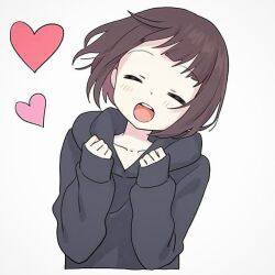 1girl brown_hair collarbone female_focus happy happy_aura menhera_shoujo_kurumi-chan nanase_konomi short_hair sweater white_background