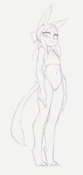 1girl :3 animal_ears animal_nose arms_at_sides bare_shoulders barefoot body_fur cat_ears cat_girl cat_tail closed_mouth covered_erect_nipples female_focus flat_chest full_body furry furry_female grey_background greyscale happy highleg highleg_panties kekitopu long_hair looking_at_viewer micro_panties monochrome navel original panties parted_bangs side-tie_panties sidelocks simple_background sketch smile solo sports_bra standing stomach tail tiptoes underwear underwear_only whiskers