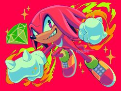 1boy animal_nose aura chaos_emerald clenched_hand clenched_hands echidna_(animal) full_body furry furry_male gem gloves green_gemstone green_gloves green_socks grin highres knuckles_the_echidna looking_at_viewer male_focus nolvini purple_eyes red_background red_fur red_shoes sharp_teeth shoes smile socks solo sonic_(series) sparkle tail teeth