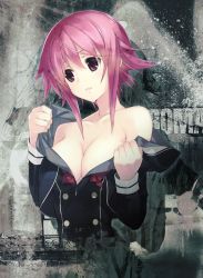 10s 1girl breasts chaos;child cleavage collarbone female_focus head_tilt highres medium_breasts official_art onoe_serika parted_lips pink_hair purple_eyes sasaki_mutsumi school_uniform short_hair_with_long_locks sidelocks solo undressing upper_body