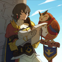 Rule 34 | 1girl, animal, armor, belt, bird, breastplate, brown hair, cohoot, earrings, fiorayne (monster hunter), floating earring, gauntlets, hair between eyes, highres, jewelry, mh rise jp, monster hunter (series), monster hunter rise, owl, pauldrons, short hair, shoulder armor, smile