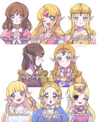 6+girls ;d absurdres armor bead_necklace beads blonde_hair blue_eyes blunt_bangs blush braid brown_hair circlet closed_mouth commentary_request cropped_torso crown_braid dress earrings gem green_eyes hair_ornament hairclip highres holding holding_instrument holding_ocarina hyrule_warriors index_finger_raised instrument jewelry juliet_sleeves long_hair long_sleeves looking_at_viewer looking_to_the_side multiple_girls multiple_persona n1ku22a necklace nintendo ocarina one_eye_closed open_mouth orange_hair pink_dress pointy_ears princess_zelda puffy_sleeves purple_dress red_gemstone shoulder_armor sidelocks simple_background smile the_legend_of_zelda the_legend_of_zelda:_a_link_between_worlds the_legend_of_zelda:_breath_of_the_wild the_legend_of_zelda:_ocarina_of_time the_legend_of_zelda:_skyward_sword the_legend_of_zelda:_the_wind_waker the_legend_of_zelda:_twilight_princess the_legend_of_zelda_(nes) toon_zelda triforce twitter_username white_background white_dress