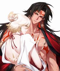 2boys absurdres arm_tattoo asura_(onmyoji) back bishounen black_hair blonde_hair bracelet chest_tattoo earrings facial_mark green_eyes hand_on_another&#039;s_chest hand_on_another&#039;s_hip height highres jewelry konsai_2 long_hair looking_at_viewer looking_back male_focus multiple_boys muscular muscular_male nail_polish onmyoji pectorals red_tattoo short_hair shoulder_tattoo simple_background taishakuten_(onmyoji) tattoo upper_body white_background