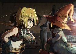 2boys black_gloves black_mage_(final_fantasy) blonde_hair blue_coat blue_eyes boots brown_hat clenched_hand coat commentary final_fantasy final_fantasy_ix from_side gloves grin hair_between_eyes hand_on_own_hip hat highres male_focus multiple_boys pants profile signature sitting sleeveless smile spiked_hair symbol-only_commentary tail vivi_ornitier watawata22 wizard_hat zidane_tribal