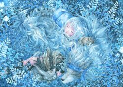 1girl android bird blue_theme boots bug ender_lilies_quietus_of_the_knights ender_magnolia_bloom_in_the_mist grass grey_hair hati_(ender_magnolia) huginn_(ender_magnolia) lilac_(ender_magnolia) motley_(ender_magnolia) muninn_(ender_magnolia) nanai_yuki nature outdoors owl painting_(medium) short_hair sleeping spider traditional_media watercolor_(medium) wolf