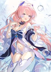 1girl :d absurdres air_bubble bare_shoulders blue_bow bow breasts bubble cleavage commentary_request cowboy_shot detached_collar detached_sleeves genshin_impact gloves gradient_hair highres long_hair long_sleeves medium_breasts multicolored_hair navel open_mouth pink_hair purple_eyes purple_hair rinple sangonomiya_kokomi short_shorts shorts single_glove smile solo strapless thighhighs underwater very_long_hair vision_(genshin_impact) white_gloves white_shorts white_thighhighs