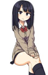 1girl :&lt; black_eyes black_hair black_socks cardigan crossed_legs invisible_chair kneehighs long_hair long_sleeves maruput original school_uniform sitting sleeves_past_wrists socks solo white_background