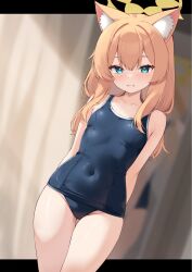 1girl alternate_costume arms_behind_back bare_shoulders black_one-piece_swimsuit blue_archive blue_eyes blush collarbone commentary covered_navel hair_between_eyes halo highres long_hair looking_at_viewer mari_(blue_archive) old_school_swimsuit one-piece_swimsuit orange_hair parted_lips school_swimsuit school_swimsuit_flap solo swimsuit symbol-only_commentary yellow_halo zarashi