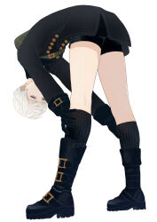 1boy 9s_(nier:automata) bag belt belt_buckle bent_over black_belt black_boots black_coat black_gloves black_shorts blue_eyes boots buckle buttons coat commentary_request full_body gloves hanahizuki606 hands_on_own_knees highres long_sleeves looking_at_viewer male_focus multiple_belts nier:automata nier_(series) shoe_belt short_hair shorts shoulder_bag simple_background solo white_background white_hair wrist_belt