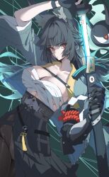 1girl animal_ear_fluff animal_ears black_gloves black_hair black_pantyhose black_skirt blue_jacket breasts chest_sarashi cleavage fox_ears fox_girl gloves high-waist_skirt highres holding holding_sheath holding_sword holding_weapon hoshimi_miyabi jacket katana large_breasts long_hair netural open_clothes open_jacket pantyhose red_eyes sarashi sheath skirt solo sword tailless_(zenless_zone_zero) weapon zenless_zone_zero