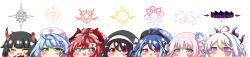 6+girls :d ahoge black_hair blue_archive blue_eyes blue_flower blue_hair blue_hat blush_stickers broken_horn brown_eyes chibi closed_mouth commentary_request eyes_visible_through_hair flower fubuki_(blue_archive) goggles goggles_on_head grey_hair hair_between_eyes hair_flower hair_ornament hair_over_one_eye halo hat highres hina_(blue_archive) hinata_(blue_archive) horns kurukurumagical long_image megu_(blue_archive) mika_(blue_archive) mine_(blue_archive) mole mole_under_eye multicolored_hair multiple_girls niya_(blue_archive) nurse_cap open_mouth peaked_cap pink_hair pointy_ears police_hat ponytail purple_eyes red_eyes red_hair simple_background smile streaked_hair veil white_background white_hat wide_image