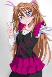 1girl absurdres black_pantyhose black_shirt blue_eyes blush brown_hair closed_mouth commentary heart heart_print highres houjou_hibiki long_hair looking_at_viewer oimanji pantyhose pink_skirt precure shirt skirt smile solo suite_precure two_side_up v white_background