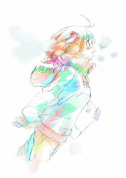 1girl ahoge amami_haruka bag blunt_bangs bow breath brown_eyes brown_hair closed_mouth collared_jacket cropped_legs denim eyelashes from_side hair_bow happy high_collar hood hood_down hooded_jacket idolmaster idolmaster_(classic) jacket jeans light_blush lips long_hair multicolored_jacket pants pink_hood pink_lips red_bow ribbon_trim simple_background sleeves_past_wrists smile solo striped_clothes striped_jacket tareme tote_bag two-tone_jacket walking white_background white_bag winter_clothes yae_(mono110) yellow_pants