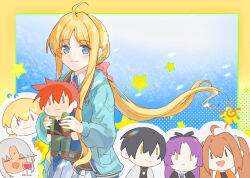 2boys 4girls :3 :d agate_crosner ahoge blonde_hair blue_background blue_jacket border character_doll chibi chibi_inset closed_mouth commentary_request curtained_hair eiyuu_densetsu estelle_bright frown highres jacket joshua_bright long_hair multiple_boys multiple_girls olivert_reise_arnor open_mouth parted_bangs purple_eyes purple_hair renne_(eiyuu_densetsu) s071c4evkc56194 scherazard_harvey sen_no_kiseki sen_no_kiseki_(series) sen_no_kiseki_i sen_no_kiseki_iv smile sora_no_kiseki star_(symbol) tita_russell twintails yellow_border yellow_eyes |_|