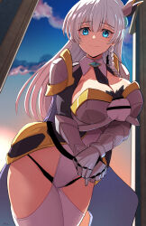 1girl allucia_citrus armor armored_skirt between_breasts black_necktie black_panties blue_eyes braid breastplate breasts cleavage closed_mouth fujioka_yatsufusa gauntlets hair_between_eyes highres hip_vent katainaka_no_ossan_kensei_ni_naru large_breasts leotard light_blush long_hair looking_at_viewer necktie necktie_between_breasts panties pauldrons shoulder_armor shrug_(clothing) smile solo underwear waist_cape white_hair white_leotard