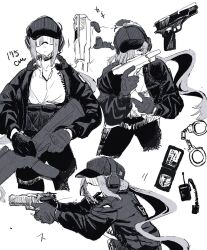 1girl army bike_shorts cuffs gun gun_fellatio_(shingeki_no_kyojin) handcuffs holding holding_gun holding_weapon monochrome original ponytail red_hod soldier weapon