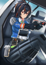 1girl absurdres ahoge artist_name ass black_gloves black_hair black_pants blue_jacket breasts car car_interior closed_mouth gloves grey_hairband gun hairband handgun high-waist_pants highres holding holding_gun holding_weapon jacket large_breasts long_hair looking_to_the_side motor_vehicle multicolored_hair muramasa_dash orange_hair pants police police_car police_uniform policewoman ponytail red_eyes sitting solo streaked_hair thighs weapon zenless_zone_zero zhu_yuan
