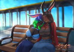 2girls animal_ears artist_name bench blue_eyes blue_hair blurry blurry_background breasts brown_hair cleavage cleavage_cutout closed_mouth clothing_cutout commentary commission crop_top dark-skinned_female dark_skin denim depth_of_field english_commentary erien final_fantasy final_fantasy_xiv glasses green_hair hand_on_another&#039;s_thigh jeans lipstick makeup medium_hair midriff multicolored_hair multiple_girls navel pants parted_lips rabbit_ears sitting sleeping sleeping_on_person smile sunrise twitter_username two-tone_hair viera warrior_of_light_(ff14) yuri zzz