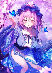 Rule 34 | 1girl, absurdres, blue butterfly, blue kimono, blush, breasts, bug, butterfly, center frills, cherry blossoms, floral print, floral print kimono, flower, frills, hat, highres, insect, japanese clothes, kimono, lace, lace-trimmed headwear, lace-trimmed kimono, lace trim, large breasts, long sleeves, looking at viewer, medium hair, mob cap, neck ribbon, nenobi (nenorium), open mouth, pink eyes, pink flower, pink hair, print kimono, purple ribbon, ribbon, saigyouji yuyuko, smile, solo, thighs, touhou, triangular headpiece, white hat, wide sleeves