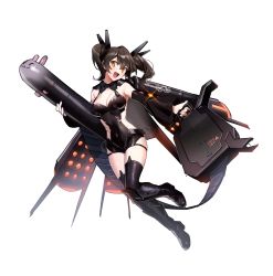 1girl absurdres armored_boots backless_leotard black_bow black_bowtie boots bow bowtie breasts brown_hair character_request cleavage copyright_request covered_navel detached_collar detached_sleeves fang full_body highres huge_0330 leotard medium_breasts medium_hair open_mouth orange_eyes rocket simple_background smile solo twintails white_background wings