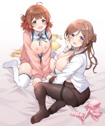 Rule 34 | 2girls, ahoge, blue eyes, blue ribbon, bra, breasts, breasts out, breasts squeezed together, brown eyes, brown hair, collared shirt, dekosuke, gakuen idolmaster, gradient hair, hair bun, hanami ume, hand on own face, hatsuboshi gakuen school uniform, highres, himesaki rinami, idolmaster, large breasts, long hair, long sleeves, looking at viewer, multicolored hair, multiple girls, nipples, open clothes, open mouth, open shirt, panties, panties under pantyhose, pantyhose, pink bra, pink sweater, ribbon, school uniform, shirt, single side bun, sitting, smile, sweater, thighband pantyhose, thighhighs, underwear, unworn bra, unworn panties, wariza, white shirt, white thighhighs, yellow bra, yellow panties