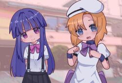 Rule 34 | 2girls, arms behind back, beret, black skirt, blue eyes, blue hair, blue wrist cuffs, blunt bangs, bow, bowtie, clenched hands, closed mouth, deformed, dress, furude rika, hat, head tilt, highres, higurashi no naku koro ni, long hair, looking at viewer, multiple girls, no nose, open mouth, orange hair, parted bangs, paw pose, pink bow, pink bowtie, purple bow, purple bowtie, purple eyes, ryuuguu rena, satsujin (user tyhr7754), shirt, short hair, short sleeves, skirt, smile, suspender skirt, suspenders, very long hair, white dress, white hat, white shirt, wrist cuffs