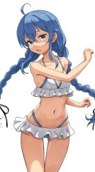 Rule 34 | 1girl, ahoge, bikini, blue eyes, blush, braid, breasts, frilled bikini, frills, highres, long hair, looking at viewer, mole, mole on breast, mushoku tensei, navel, open mouth, roxy migurdia, simple background, small breasts, solo, swimsuit, syagare, twin braids, very long hair, white background, white bikini