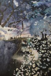 1boy 1girl canal highres holding holding_umbrella original outdoors painting_(medium) railing reflection reflective_water scenery traditional_media tree umbrella water yuki_furasi