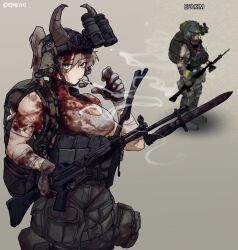 Rule 34 | 1girl, absurdres, ammunition pouch, assault rifle, backpack, bag, bandaged arm, bandages, bayonet, blood, blood on clothes, blood on face, bloody knife, bloody weapon, blue eyes, boots, breasts, cigarette, daewoo k2, epakim, game screenshot inset, gloves, gun, headset, helmet, highres, horns, knife, large breasts, looking at viewer, magazine (weapon), night vision device, pouch, project zomboid, rifle, scar, scar across eye, scar on face, smoke, smoking, solo, tank top, thigh pouch, toned, walkie-talkie, weapon
