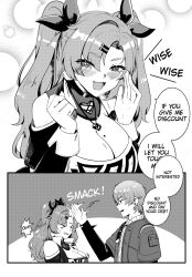 &gt;_&lt; 1boy 1girl annoyed black_ribbon breasts closed_eyes english_text flirting hair_ornament hair_ribbon hairclip heart heart_necklace highres jewelry large_breasts lion_space mole mole_on_breast mole_under_eye necklace nicole_demara ribbon sound_effects speech_bubble strapless tube_top wise_(zenless_zone_zero) zenless_zone_zero