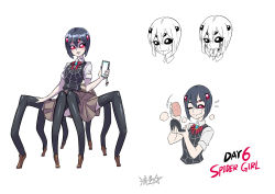 1girl arthropod_girl black_hair bob_cut bow brooch brown_footwear brown_skirt bug cellphone commentary compact_(cosmetics) cosmetics english_commentary english_text extra_eyes fly holding holding_phone insect insect_girl jewelry multiple_legs original phone powder powder_puff red_eyes ryuusei_(mark_ii) shirt shoes short_hair short_sleeves simple_background skirt smartphone spider_girl spider_web_print vest white_background