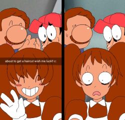 Rule 34 | 1girl, 2boys, big nose, blush stickers, brown hair, facial hair, father and daughter, gloves, gustavo (pizza tower), happy, hat, light smile, long nose, margherita (mosagi), meme, mosagi, multiple boys, mustache, original, peppino spaghetti, pizza tower, selfie, surprised, white gloves