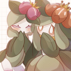 2girls blurry colored_sclera colored_skin cowboy_shot crown depth_of_field female_focus flower gen_5_pokemon green_hair green_skin grid_background hair_flower hair_ornament half-closed_eyes hand_to_own_mouth hand_up highres hisuian_lilligant lilligant long_hair looking_at_another mini_crown monster_girl multicolored_skin multiple_girls namako_(na_ma_koko) nintendo own_hands_together pink_flower pink_sclera plant_girl pokemon pokemon_(creature) red_flower red_sclera short_hair sidelocks standing swept_bangs two-tone_skin white_background white_eyes white_skin yellow_headwear