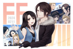 5girls anniversary black_jacket blonde_hair blue_arm_warmers blue_eyes brown_hair chain chain_necklace cid_kramer commentary_request cropped_jacket edea_kramer english_text final_fantasy final_fantasy_viii fur-trimmed_jacket fur_trim fuujin_(ff8) gloves hiryuu_(kana_h) hug irvine_kinneas jacket jewelry kiros_seagill laguna_loire long_hair multiple_boys multiple_girls necklace open_mouth quistis_trepe raijin_(ff8) rinoa_heartilly scar scar_on_face scar_on_forehead seifer_almasy selphie_tilmitt shirt short_hair signature smile squall_leonhart v v-neck ward_zabac waving white_shirt zell_dincht