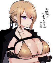 Rule 34 | 1girl, absurdres, arm strap, bikini, bikini top only, black gloves, black jacket, black ribbon, braid, braided bun, breast focus, breast strap, breasts, cleavage, closed mouth, collarbone, cowboy shot, crossed legs, evelyn chevalier, eyebrows hidden by hair, eyes visible through hair, gloves, gold bikini, golden week, hair bun, hair ornament, hair ribbon, highres, jacket, jacket on shoulders, ohkrkr z, purple eyes, ribbon, shoulder strap, solo, standing, swimsuit, white background, zenless zone zero