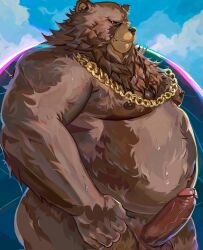 1boy animal_ears bara bear_boy bear_ears belly ben_bigger biceps blue_sky brown_fur chain chain_necklace cloud cloudy_sky commentary completely_nude english_commentary erection facing_to_the_side fat fat_man furry furry_male highres jessebrart jewelry looking_to_the_side male_focus navel necklace nipples nude obese penis sky sweat testicles veins veiny_penis very_sweaty zenless_zone_zero