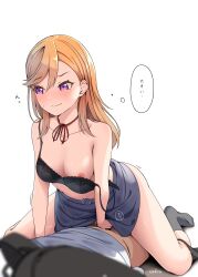 1boy 1girl absurdres artist_name bag bar_censor black_bra black_panties blurry blush bra breasts censored commentary_request cowgirl_position dark-skinned_male dark_skin depth_of_field girl_on_top grey_skirt grey_socks highres long_hair love_live! love_live!_superstar!! lying medium_breasts navel neck_ribbon nervous_sweating nipples on_back orange_hair panties panties_around_leg pulu_cakra purple_eyes red_ribbon ribbon sex shibuya_kanon shirt skirt socks straddling sweat translation_request underwear white_background white_shirt