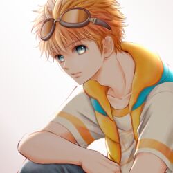 1boy adam&#039;s_apple azu_rin_go backlighting blue_eyes bokujou_monogatari bokujou_monogatari:_hajimari_no_daichi closed_mouth collarbone denim down_vest elbow_on_knee goggles goggles_on_head gradient_background grey_background hair_between_eyes hunched_over jeans looking_at_viewer male_focus open_clothes open_vest orange_hair orange_vest pants rod_(bokujou_monogatari_hnd) serious shade shirt short_hair short_sleeves simple_background solo upper_body v-shaped_eyebrows vest white_background white_shirt