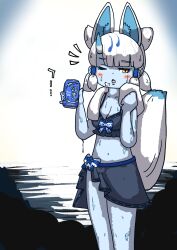 1girl absurdres alternate_costume animal_ears bikini black_bikini black_sarong blue_skin blue_trim blush bow bow_bikini can colored_skin cowboy_shot drink_can enokeyaki extra_ears fox_ears fox_girl fox_tail ginkaku_(kemono_friends) hair_tubes highres horns kemono_friends one_eye_closed quad_tails sarong short_hair short_twintails sidelocks single_horn slit_pupils solo sweat sweatdrop swimsuit tail towel towel_around_neck twintails water_drop wet white_hair yellow_eyes
