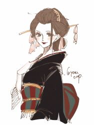 1girl artist_name black_hair black_kimono blue_eyes blush closed_mouth commentary eyelashes geisha hair_ornament highres japanese_clothes kanzashi kimono nico_robin nico_robin_(wano) obi one_piece profile red_lips sash simple_background single_sidelock solo twitter_username upper_body white_background yoru_onp