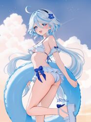 1girl absurdres alternate_costume armpit_crease ass bikini black_hairband blue_hair blue_sky breasts cloud cowlick furina_(genshin_impact) genshin_impact hairband heterochromia highres holding holding_swim_ring innertube long_hair looking_at_viewer looking_back medium_breasts navel open_mouth rrr_gns_(riuriu_1212) sandals sky solo stomach swim_ring swimsuit wavy_hair white_bikini white_sandals