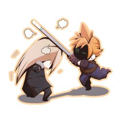 2boys arms_up astro_bot astro_bot_(series) belt black_coat black_pants blonde_hair blue_pants bonk boots brown_belt brown_boots chibi chibi_only cloud_strife cloud_strife_(cosplay) coat commentary cosplay english_commentary facing_away fighting final_fantasy final_fantasy_vii final_fantasy_vii_remake full_body grey_hair hand_up highres hitting holding holding_weapon jacoline leg_up long_hair male_focus multiple_boys outline pants puffy_pants sephiroth sephiroth_(cosplay) shadow short_hair spiked_hair standing suspenders watermark weapon white_background yellow_outline