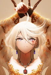 1girl absurdres ahoge arms_up blood bloody_tears blue_dress brown_background chained_wrists closed_mouth collarbone commentary dress earrings english_commentary grey_eyes gundam gundam_suisei_no_majo highres himmel_(keine_haare) jewelry light_particles long_hair miorine_rembran necklace red_brooch upper_body white_hair