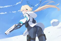 1girl ass blonde_hair blue_archive blue_bodysuit blue_halo blue_sky bodysuit dan_(kumadan) dual_wielding gun halo highres holding holding_gun holding_weapon holster hood hooded_jacket jacket long_hair low_ponytail ponytail profile revision sky solo thigh_holster toki_(blue_archive) very_long_hair weapon white_jacket